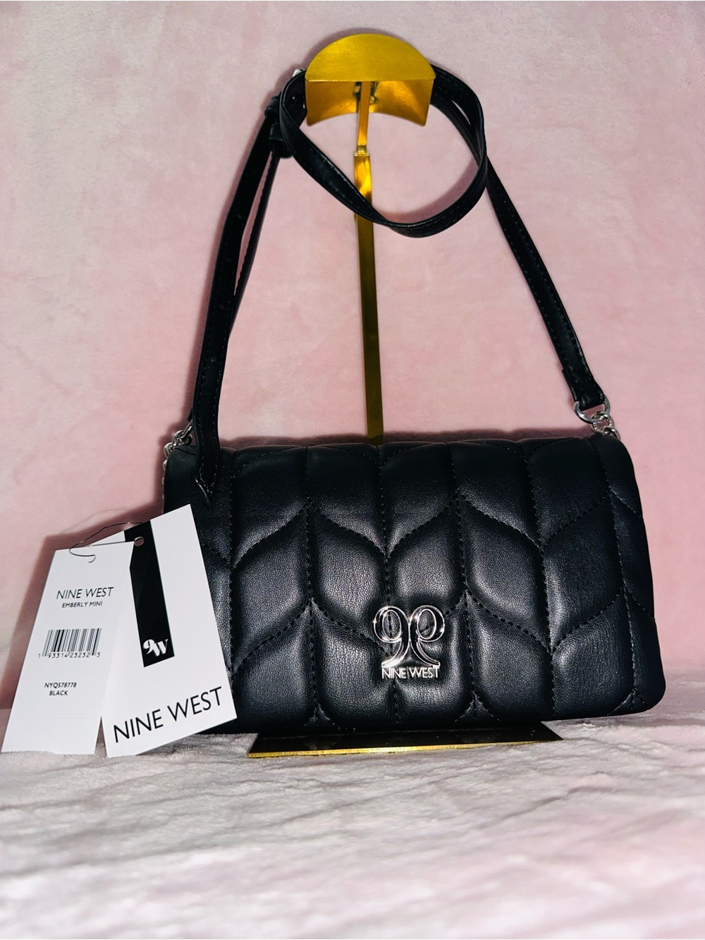 Nine West Black Quilted Shoulder Bag with Silver Logo